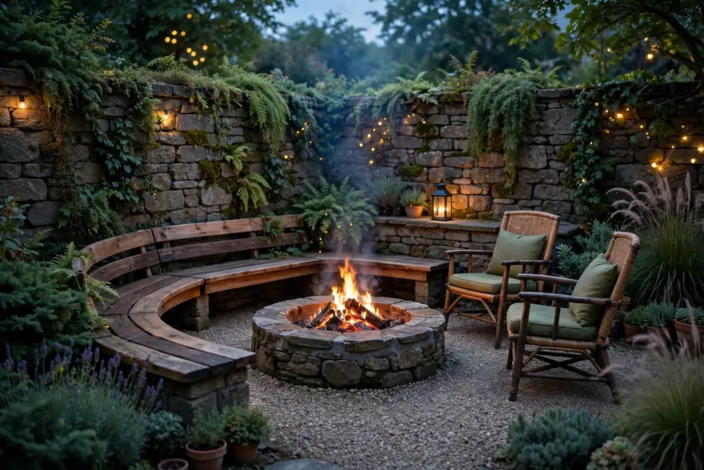 Corner fire pit seating area with a curved bench and chairs on gravel in the evening.
