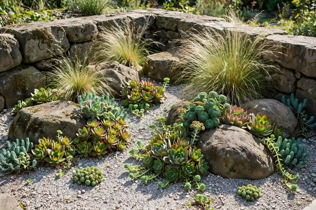 Gravel and succulent corner with large stones, sedums, and ornamental grasses in sun.