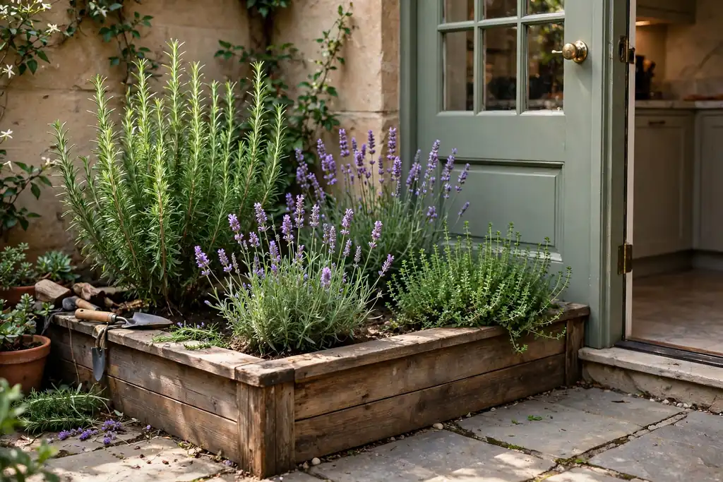 Corner herb garden by a kitchen door with rosemary, lavender, and thyme in a raised bed.