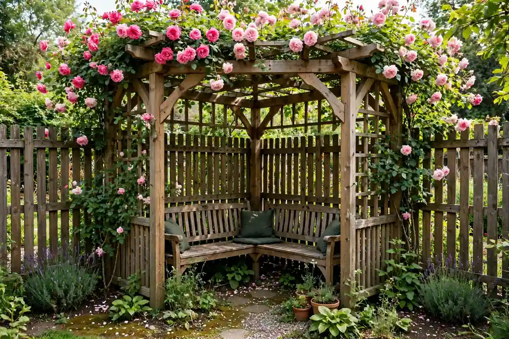 Wooden corner pergola with climbing roses over a garden seat in a fenced corner.