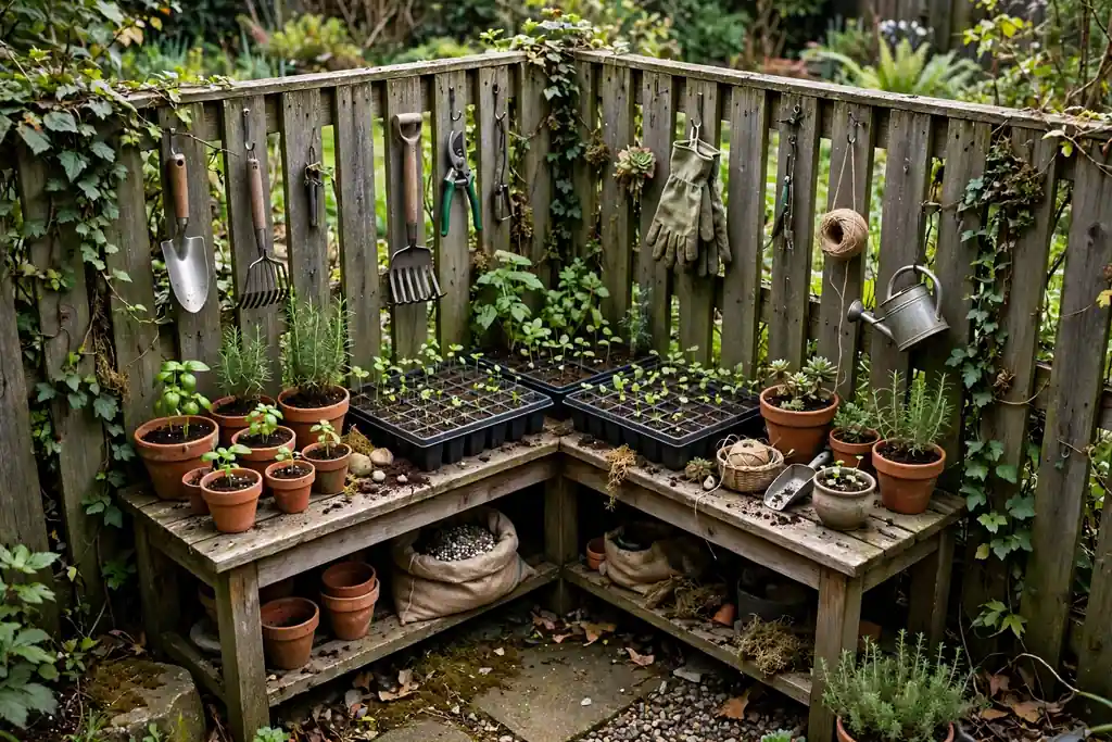 Corner potting bench against a garden fence with pots, seed trays, and hanging tools.