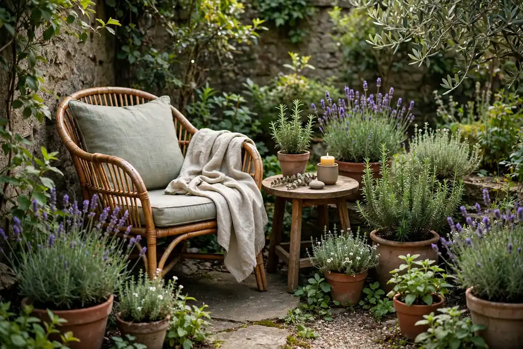 Quiet corner reading nook with an outdoor armchair, a side table, and scented plants.