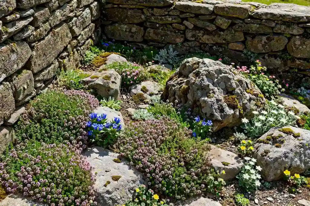 Corner rock garden with large stones, alpine flowers, and creeping thyme in sun.