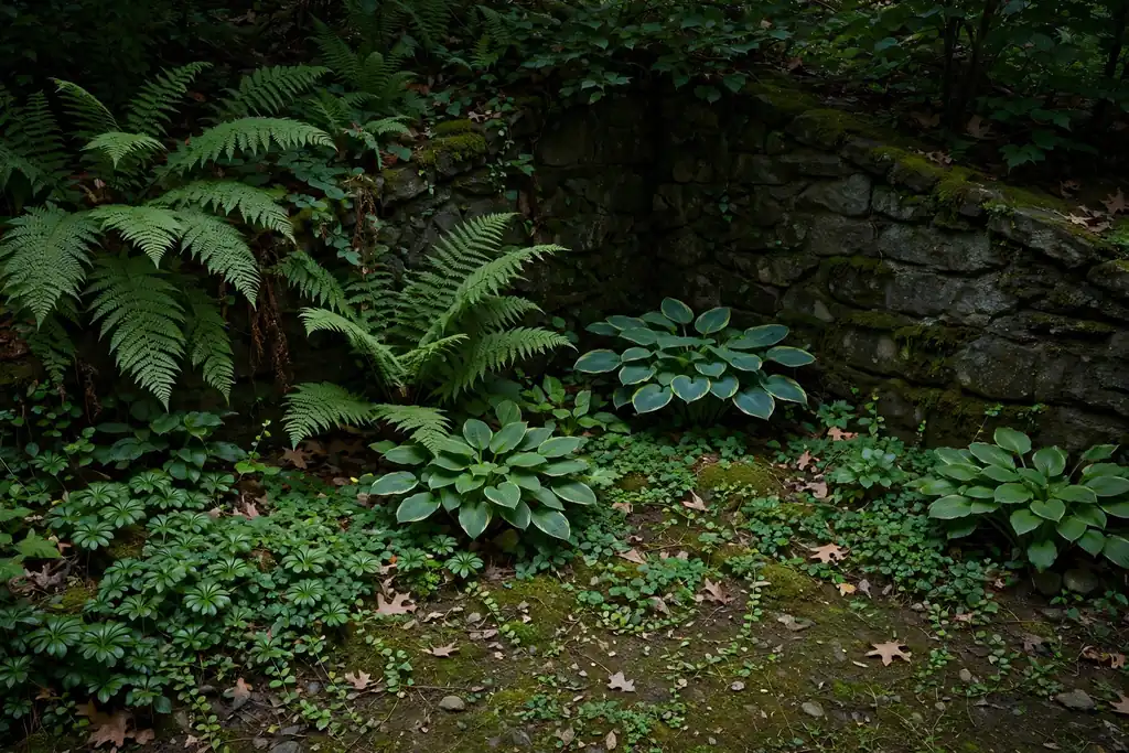 Shade garden in a dark garden corner with ferns, hostas, and ground cover.