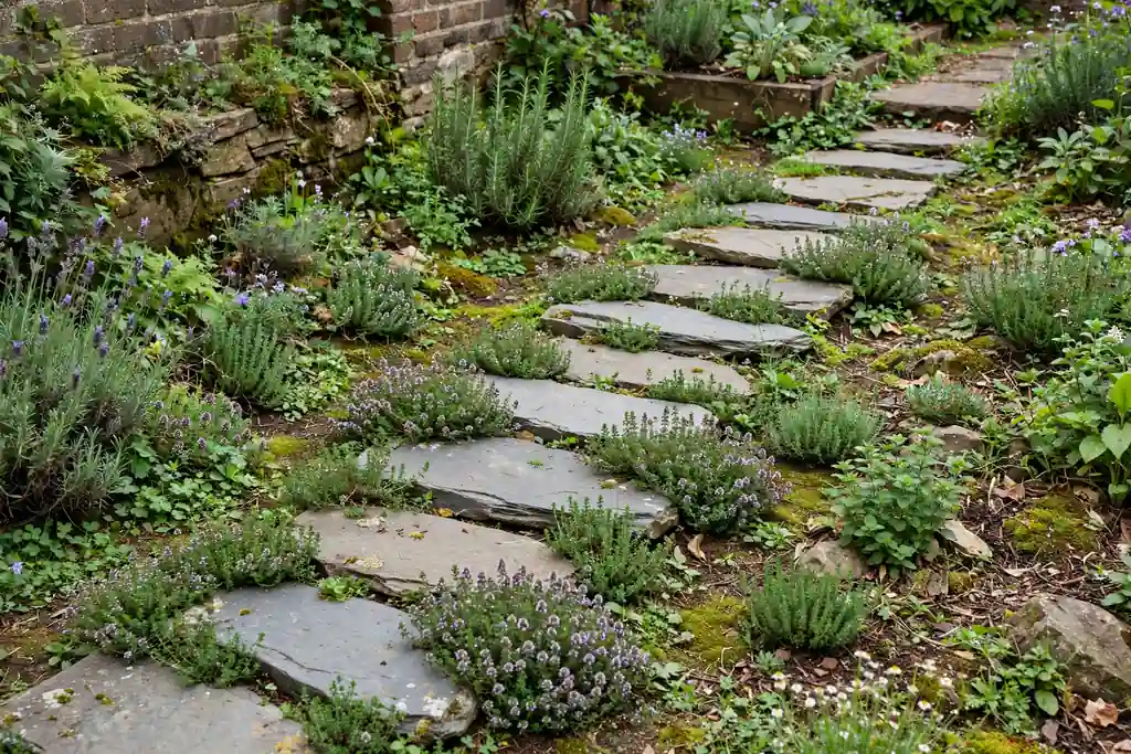 Diagonal stepping stone path through a garden corner with thyme between the stones.