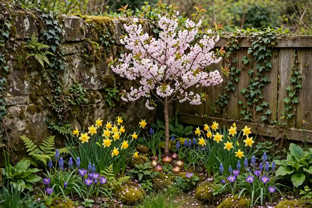 Small flowering tree as a focal point in a garden corner with bulbs beneath it.