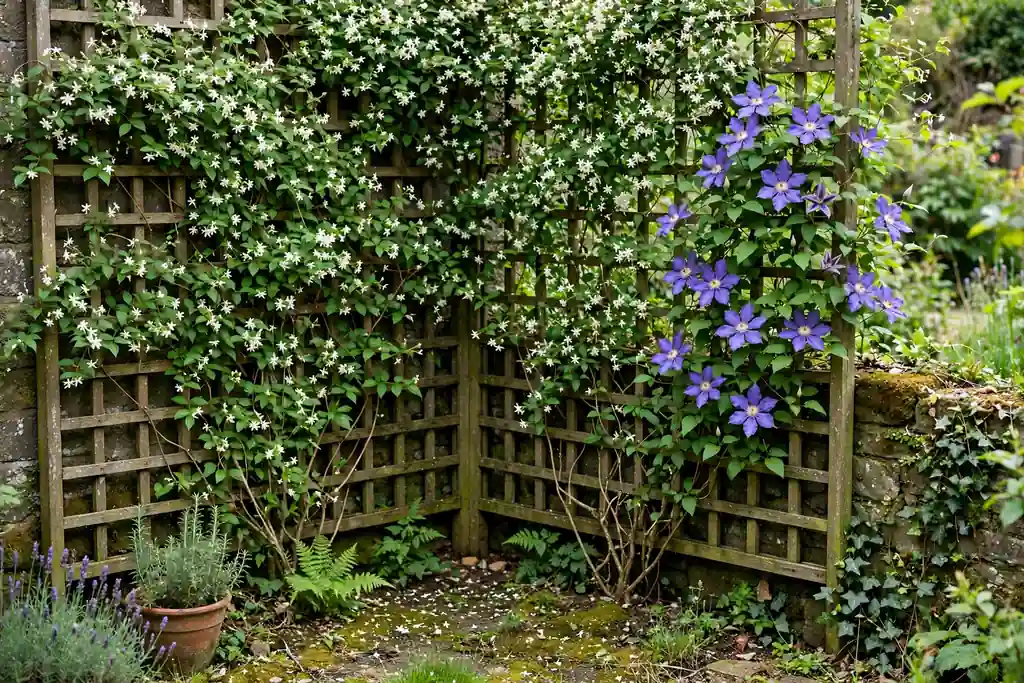 Trellis screen in a garden corner covered with climbing jasmine and clematis.