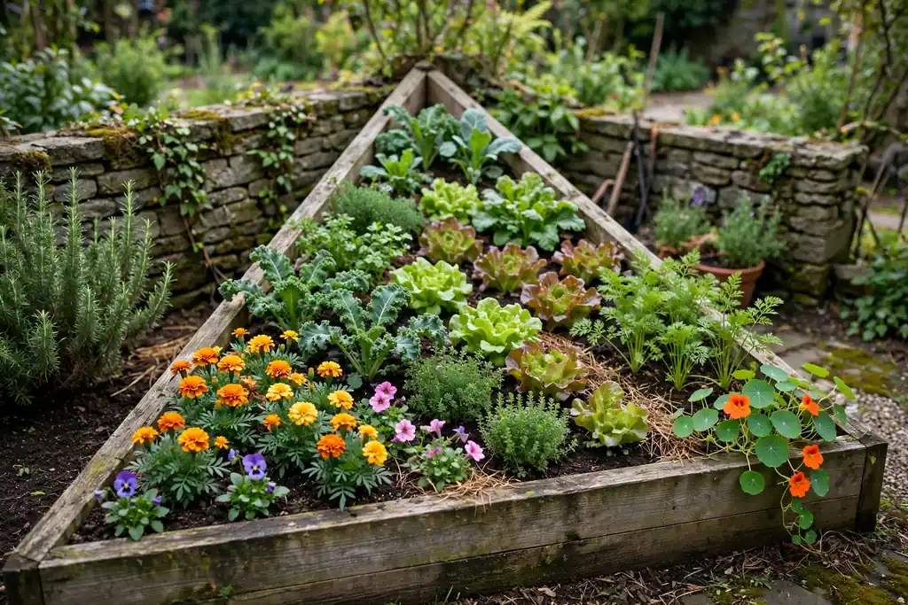 Triangular raised bed in a garden corner with layered vegetables and flowers.