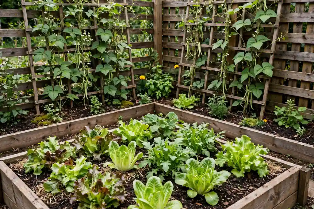 Corner vegetable bed with salads in front and beans climbing a fence trellis at the back.
