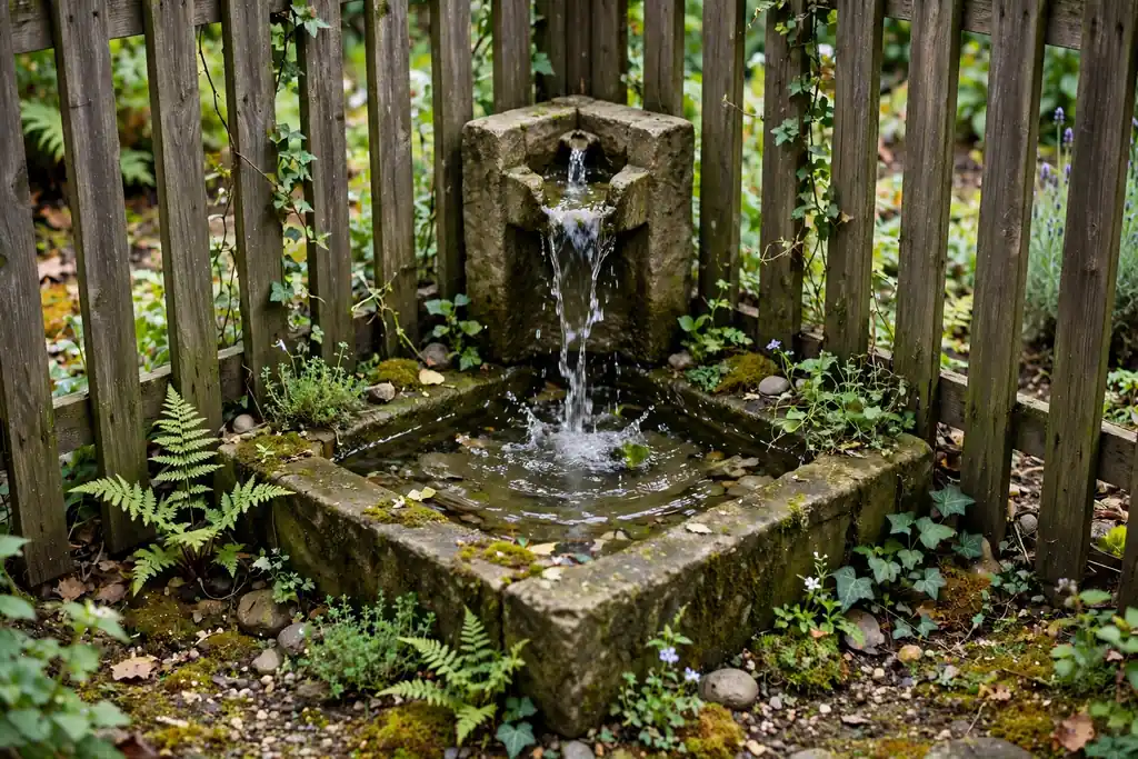 Small corner water fountain against garden fences with a stone basin and moving water.