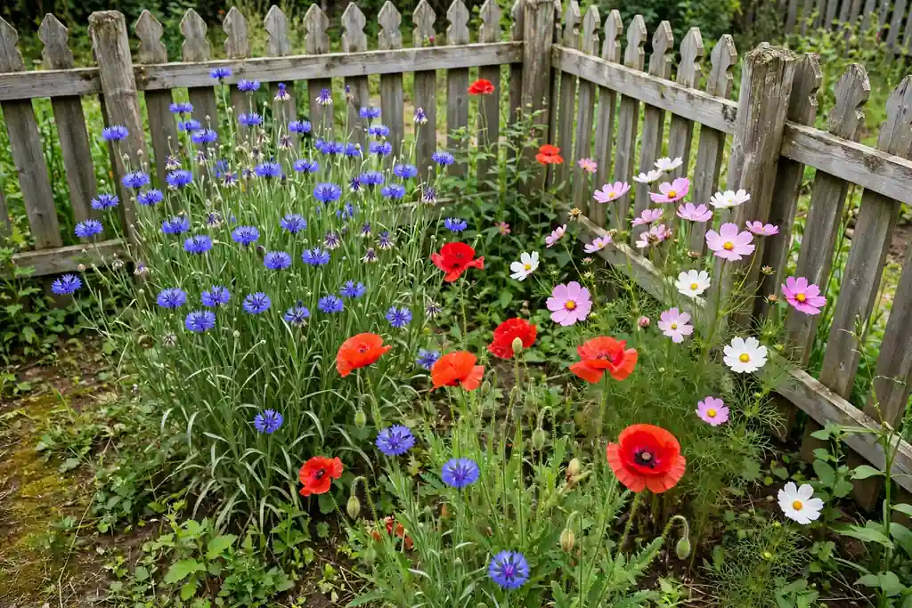 Wildflower corner with cornflowers, poppies, and cosmos in a fenced garden angle.
