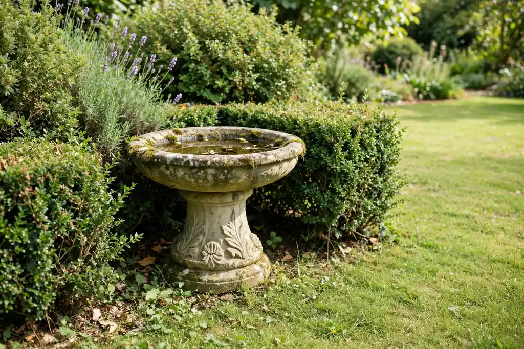 Stone bird bath in a garden corner near shrubs with open space around it.