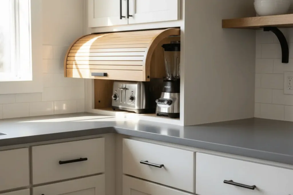 Counter corner appliance garage with small appliances kept behind a door.