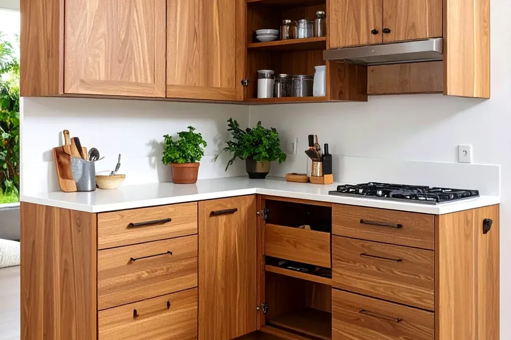 Bi-fold doors opening across the front of a corner cabinet.