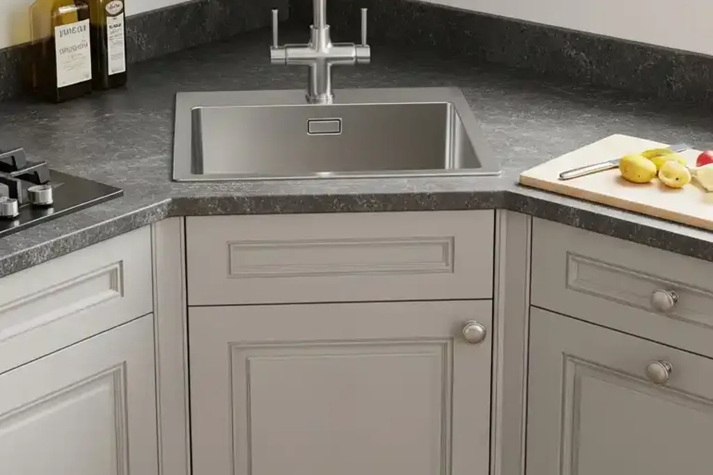 Sink fitted into a diagonal corner cabinet under a kitchen window.