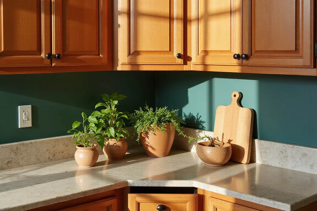 Cherry wood corner cabinet with a curved profile in warm evening light.