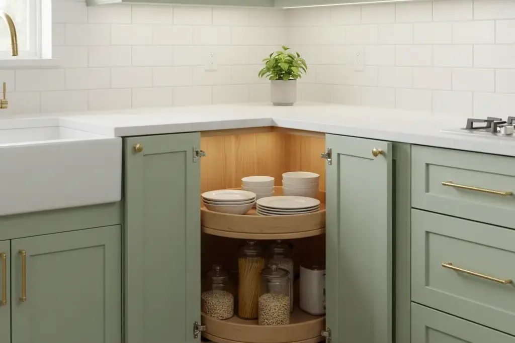Diagonal corner cabinet with an angled door face in a kitchen run.