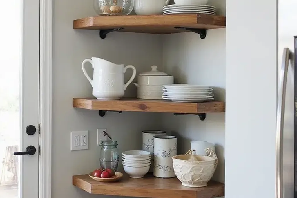 Floating shelves wrapping a kitchen corner with baskets and jars.