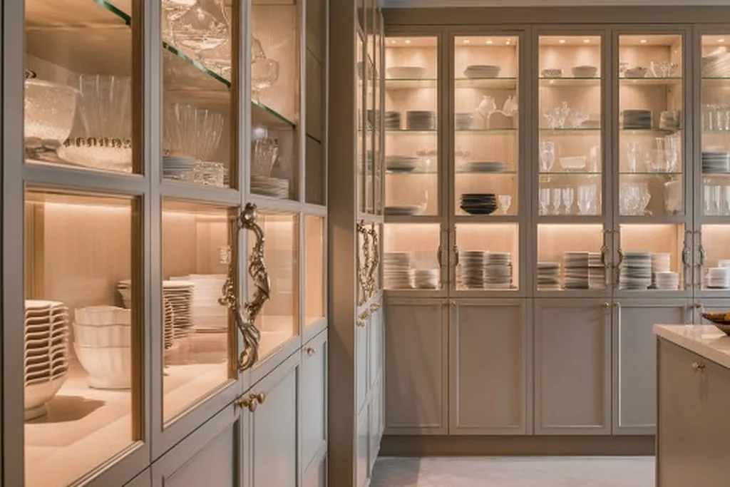 Glass front upper cabinets showing stacked dishes and glassware.