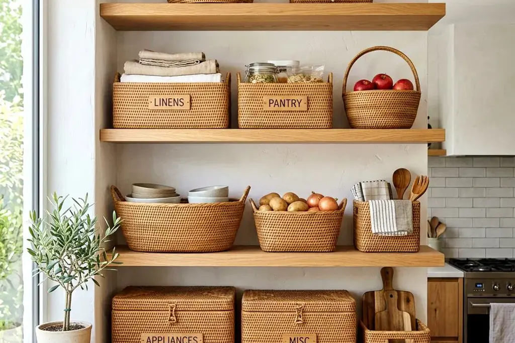 Woven baskets used for open kitchen storage on shelves.