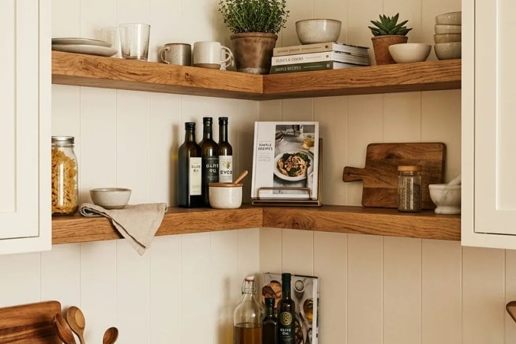 Open shelves fitted across the upper corner of a kitchen with dishes on display.