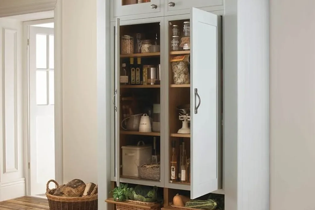 Tall pantry cabinet with shelves of stored food in a kitchen corner.