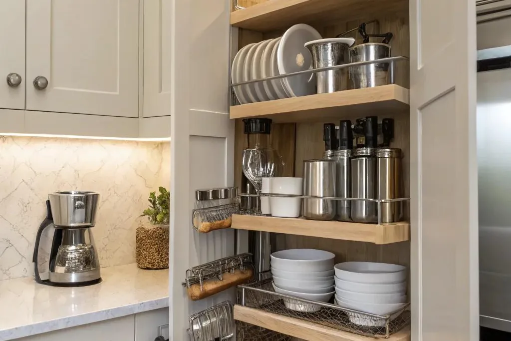 Pull down shelf unit lowered from a high upper cabinet.