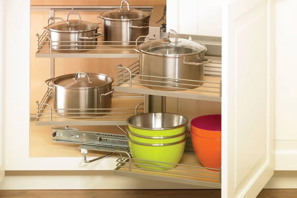Pull out shelves drawn out of a blind corner base cabinet.