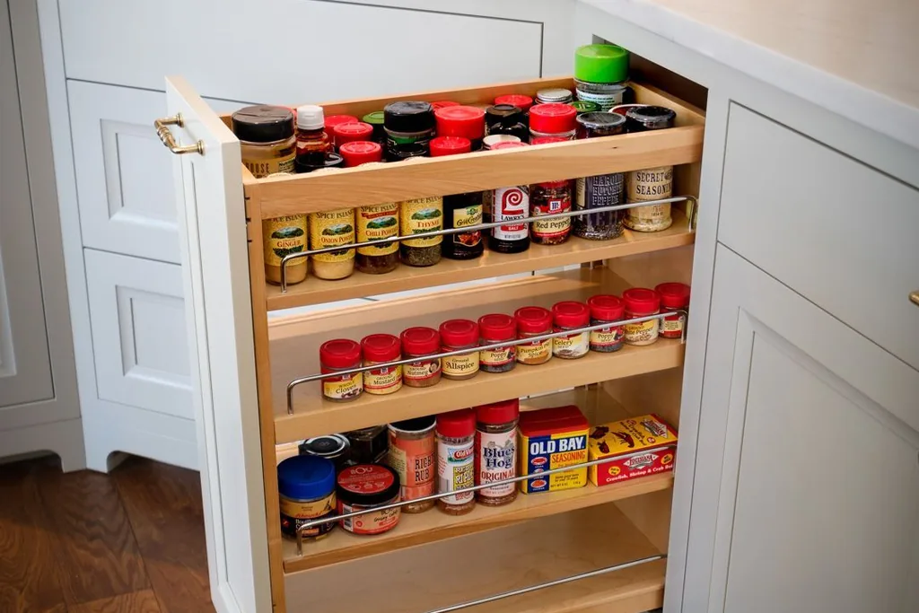 Narrow pull out rack filled with spice jars beside a cabinet.