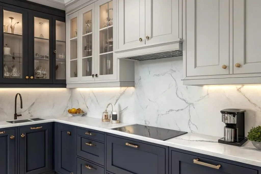 Two tone kitchen cabinets with darker lowers and lighter uppers meeting at the corner.