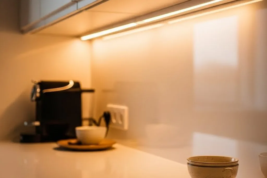 Kitchen counter lit by warm light fitted under the upper cabinets.