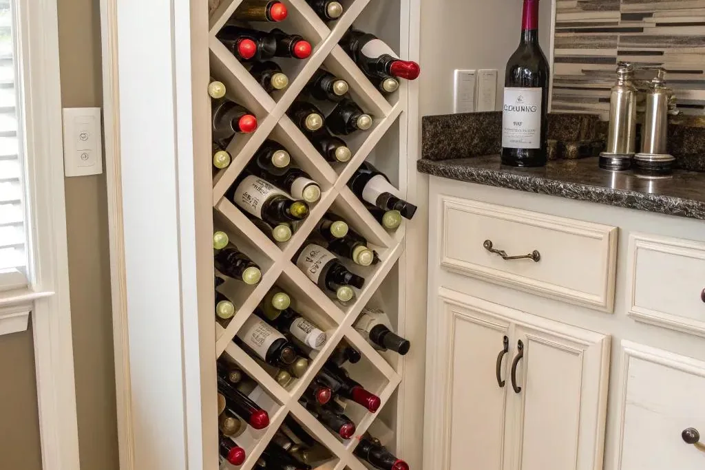 Corner wine rack cubbies holding bottles in an upper kitchen cabinet.