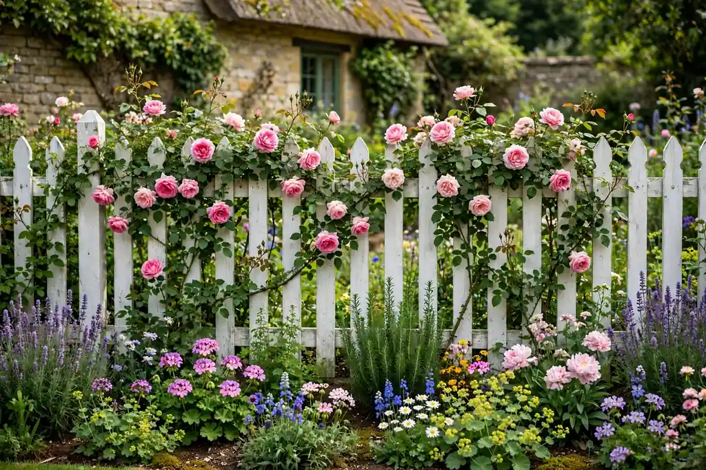 White picket fence covered with climbing roses above a flower border