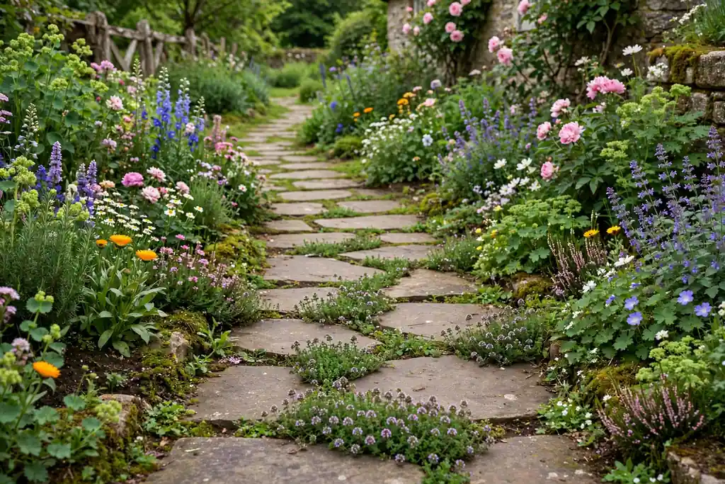 Stone garden path with green thyme growing between flat slabs