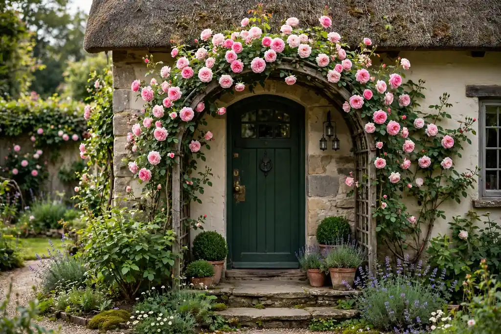 Climbing roses flowering over an arch above a cottage front door