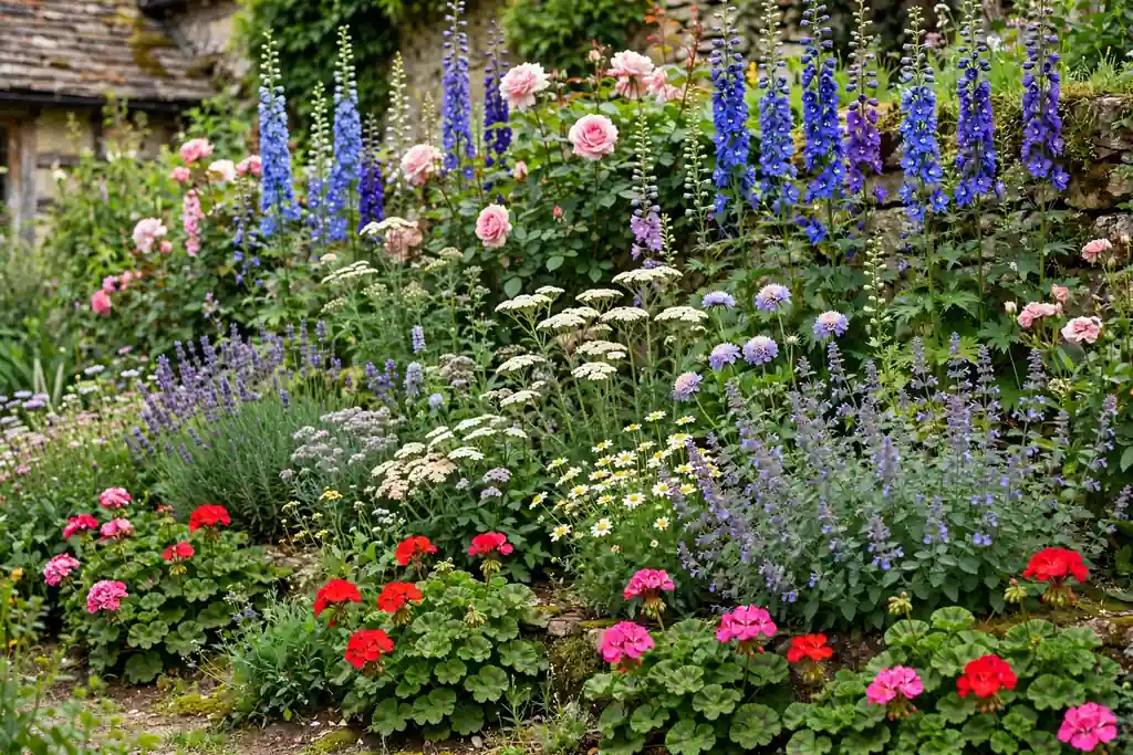 Dense cottage flower border layered in tall, medium, and low plants