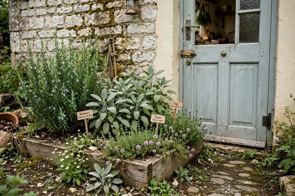 Herb bed with rosemary, thyme, and sage growing beside a cottage door