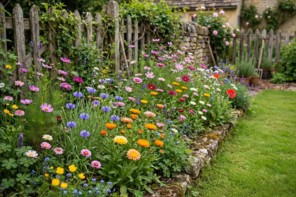 Wildflower corner with mixed colorful blooms beside a lawn