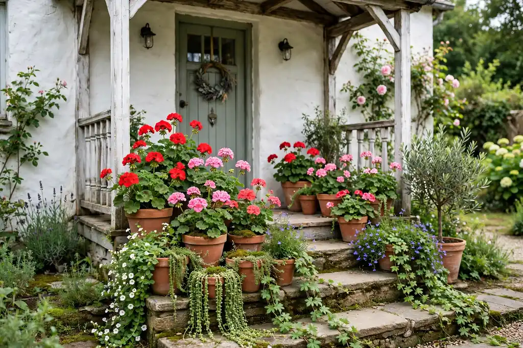 Whitewashed cottage porch with flower pots grouped on the steps