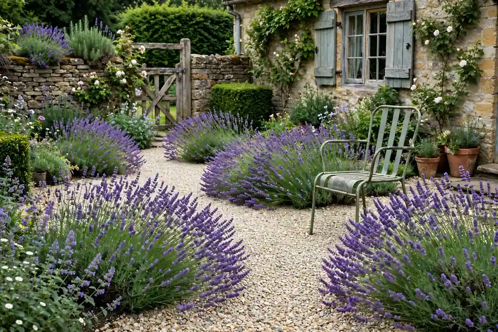 Gravel courtyard with lavender plants and a garden chair