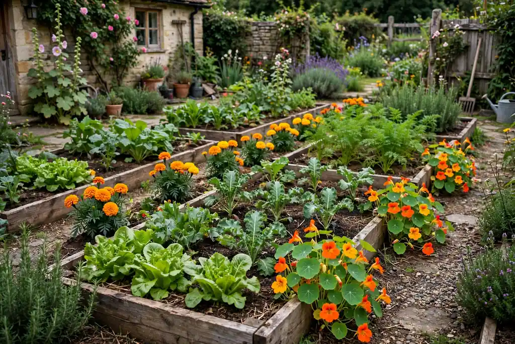 Vegetable garden beds with marigolds and nasturtiums between rows