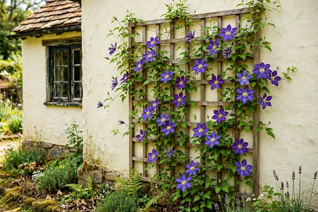 Clematis flowers climbing a wooden trellis on a cottage wall