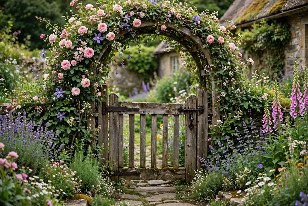 Rustic wooden garden gate under an arch covered with flowers