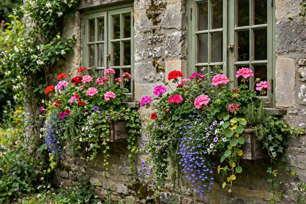 Cottage window boxes overflowing with geraniums and trailing plants