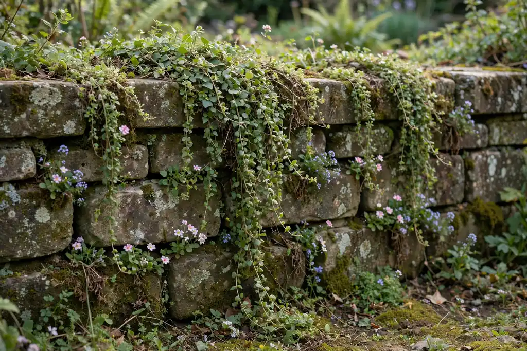 Old stone garden wall with trailing plants spilling over the top
