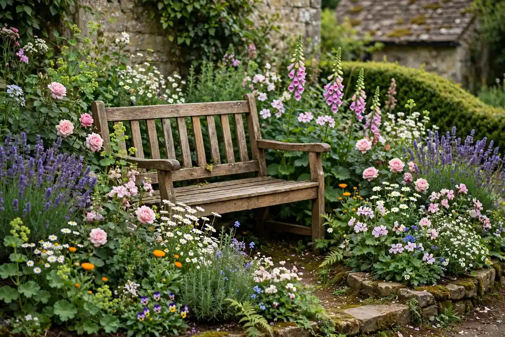 Wooden bench tucked into a curved cottage flower border