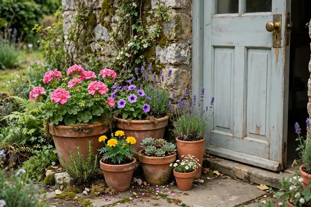 Cluster of terracotta pots with flowers beside a cottage door