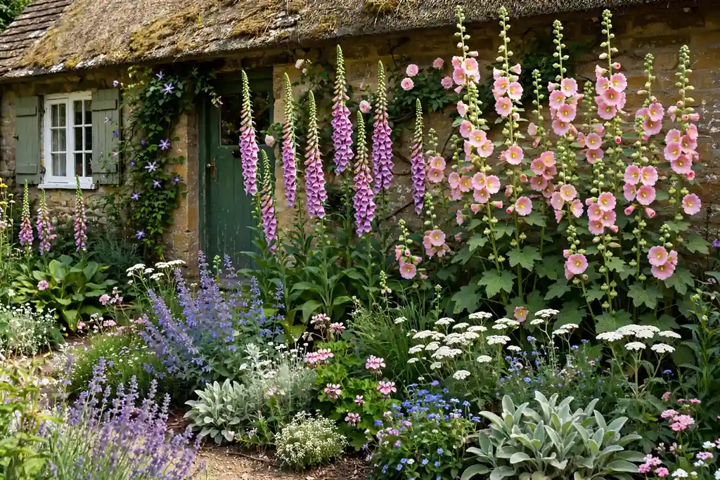 Tall foxgloves and hollyhocks flowering at the back of a border