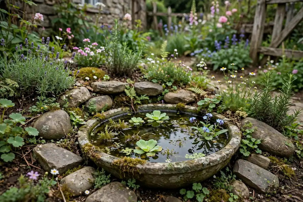 Small garden pond bowl with water plants and sloping stones