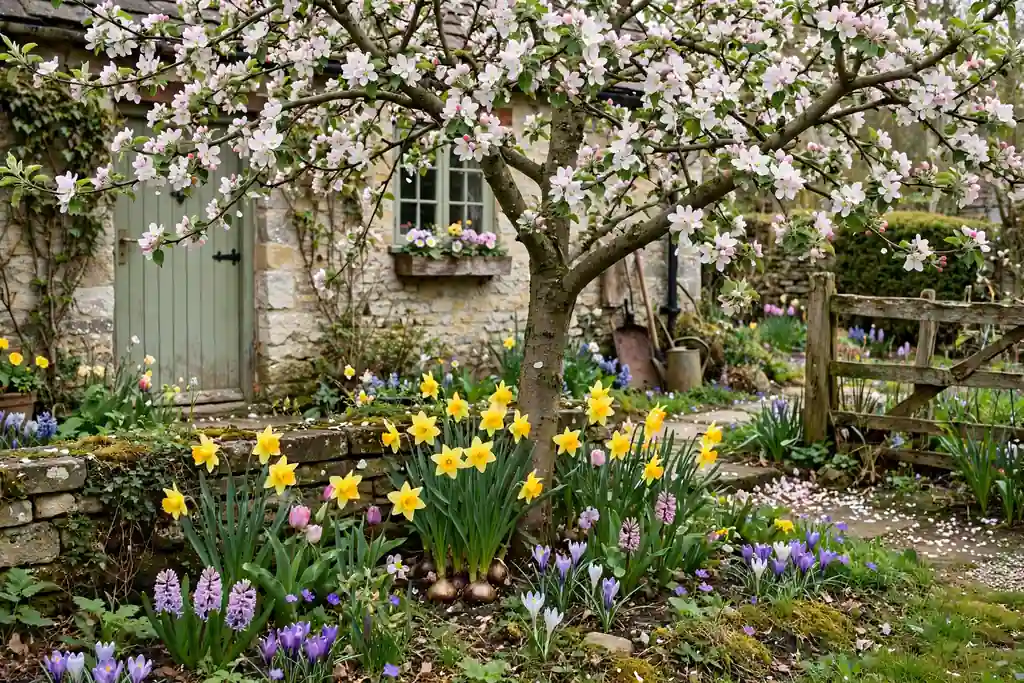 Apple tree in blossom with spring bulbs flowering underneath
